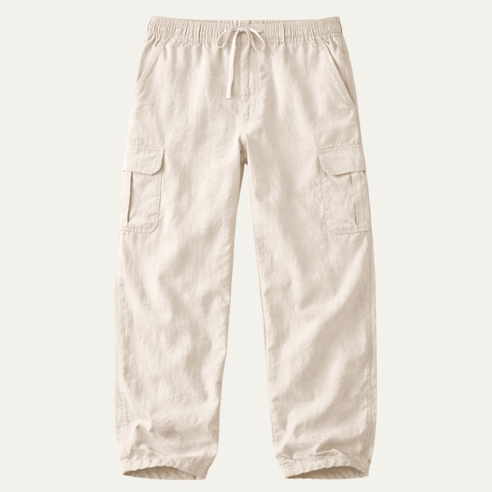 Men's Linen Cargo Trousers - Wide Fit Multi Pocket Design