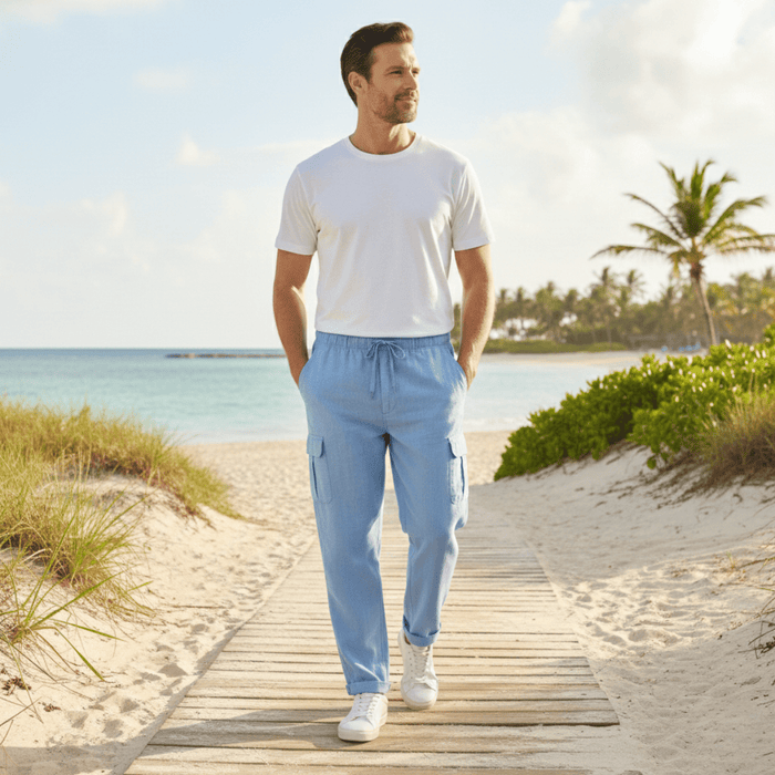 Men's Linen Cargo Trousers - Wide Fit Multi Pocket Design