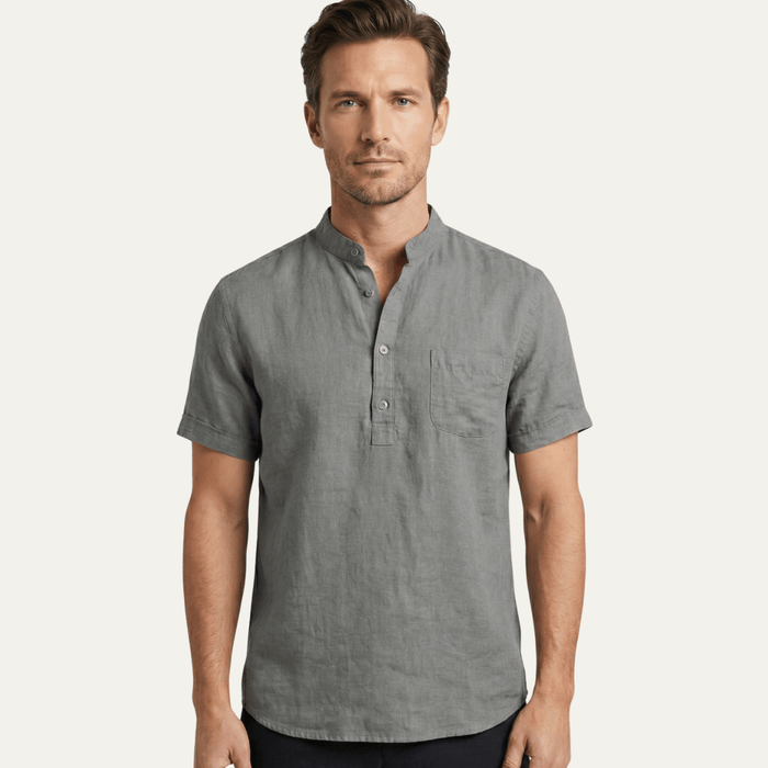 Men's Linen Shirt - Relaxed Fit Short Sleeve Henley Neck