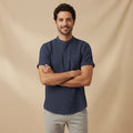 Men's Linen Shirt - Short Sleeve Loose Fit Henley Placket