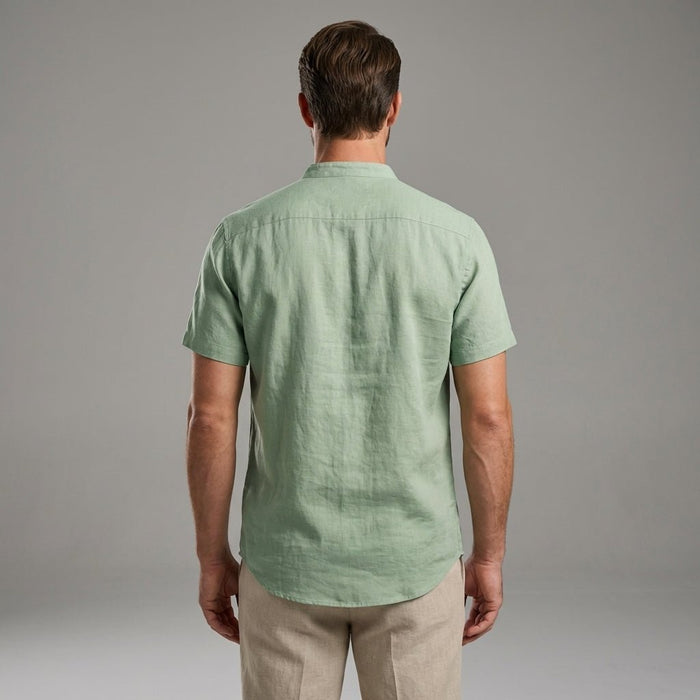 Men's Linen Shirt - Short Sleeve Stand Collar Relaxed Fit