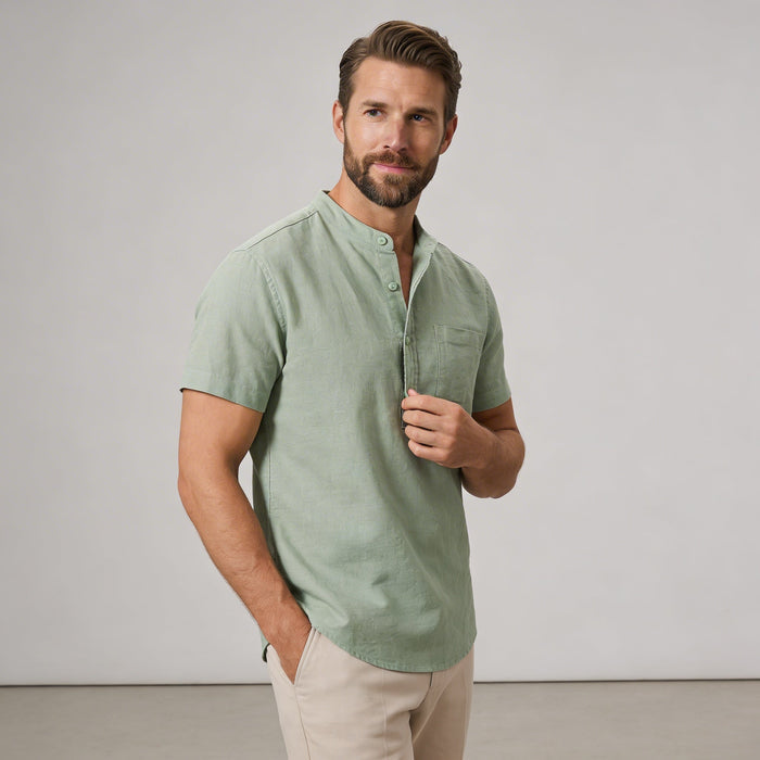 Men's Linen Shirt - Short Sleeve Stand Collar Relaxed Fit