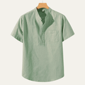 Men's Linen Shirt - Short Sleeve Stand Collar Relaxed Fit