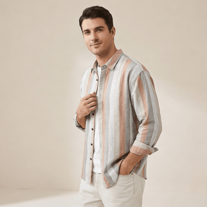 Men's Linen Shirt -Relaxed Fit Long Sleeve Button Closure