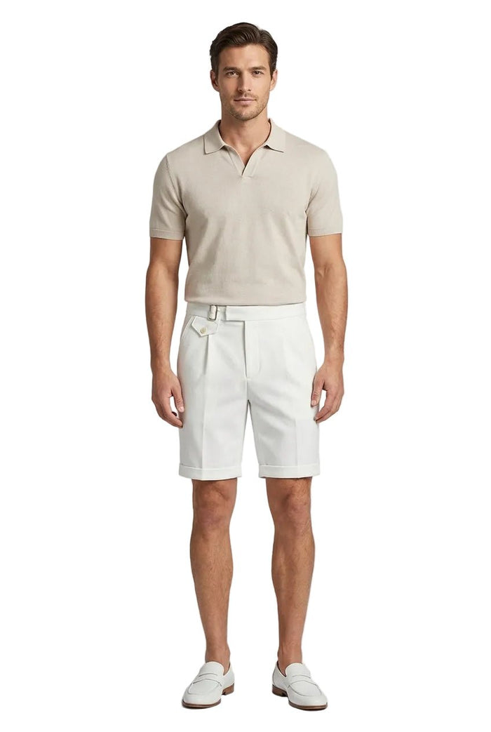 Men's Linen Shorts - Front Pleats Turn-Up Hem Side Buckle Closure