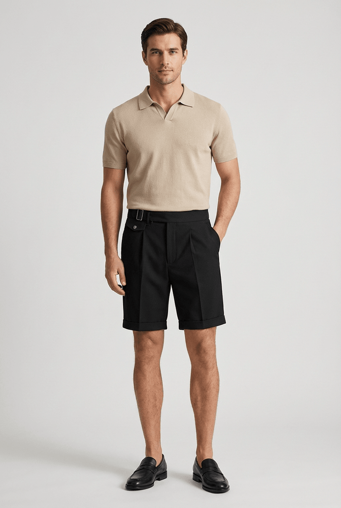 Men's Linen Shorts - Front Pleats Turn-Up Hem Side Buckle Closure