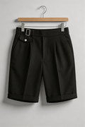 Men's Linen Shorts - Front Pleats Turn-Up Hem Side Buckle Closure