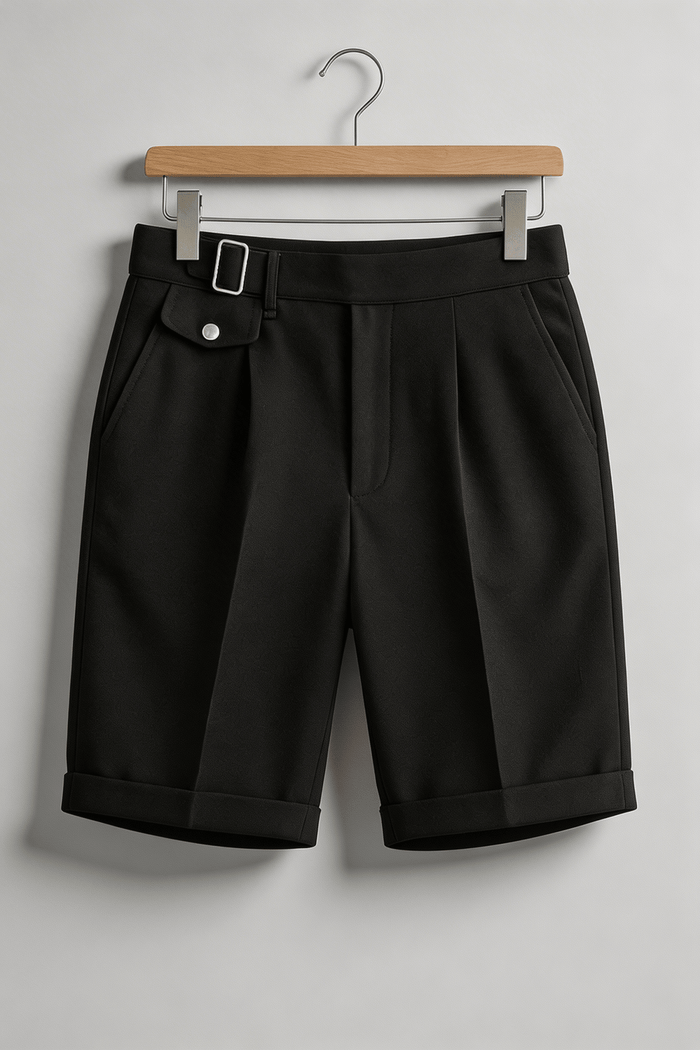 Men's Linen Shorts - Front Pleats Turn-Up Hem Side Buckle Closure