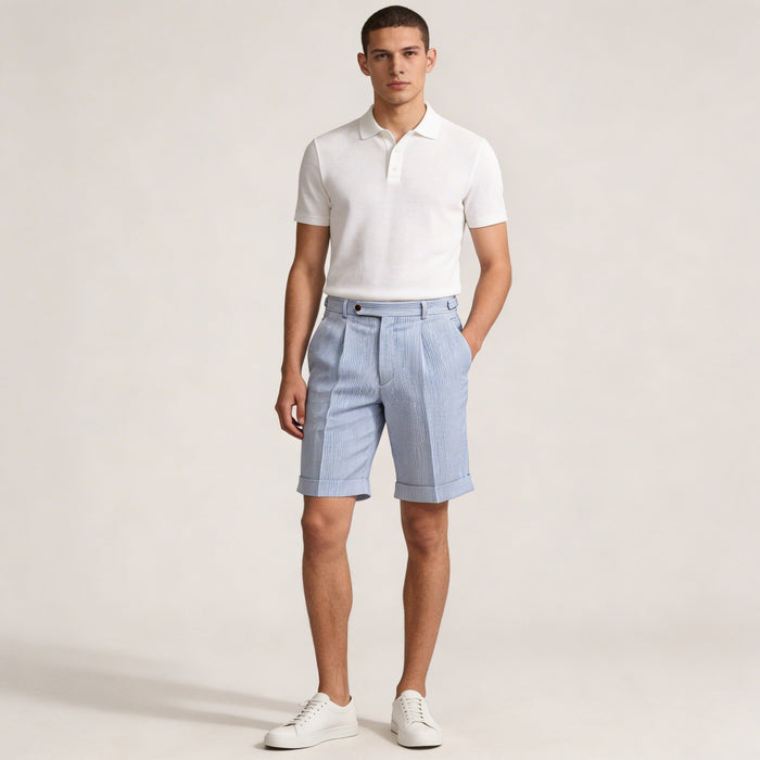 Men's Linen Shorts - High Waist Front Pleats Button Closure