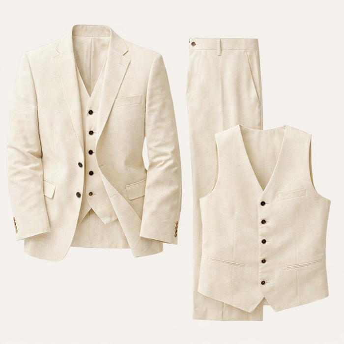 Men's Linen Three-Piece Suit - Tailored Fit Jacket Waistcoat & Trousers