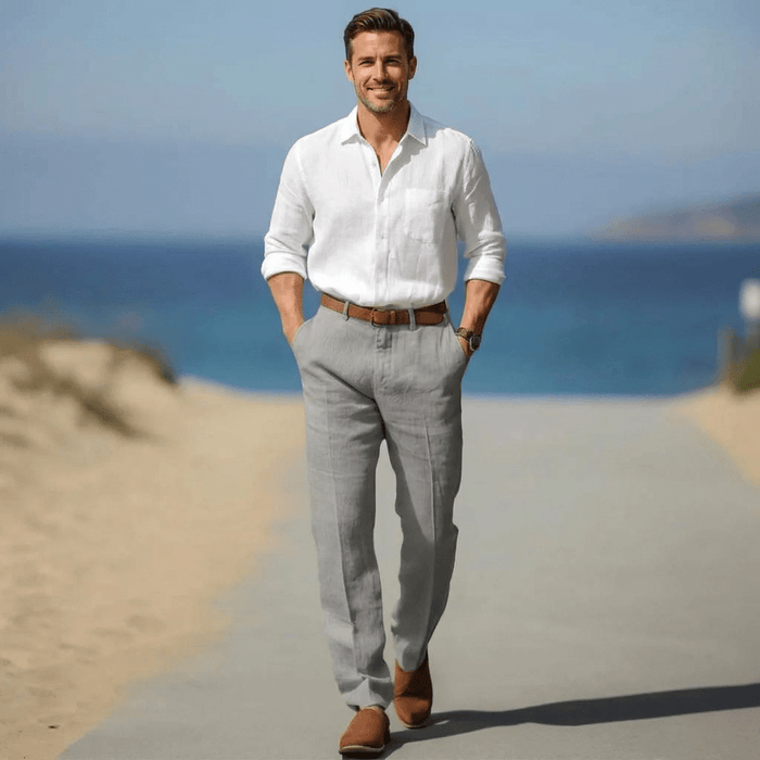 Men's Linen Trousers - Loose Fit Front Zip Closure & Belt Loops