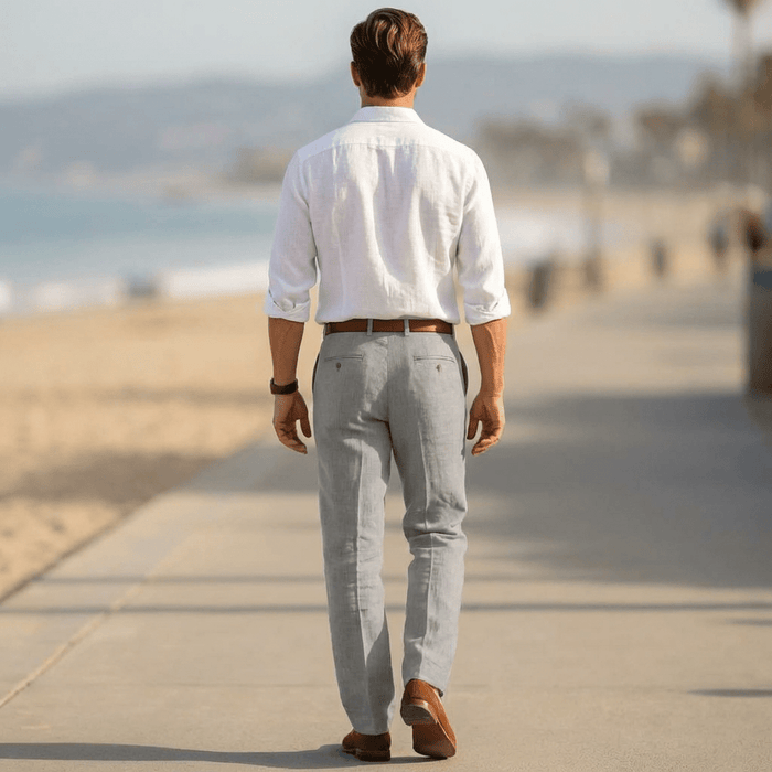 Men's Linen Trousers - Loose Fit Front Zip Closure & Belt Loops