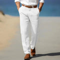 Men's Linen Trousers - Loose Fit Front Zip Closure & Belt Loops
