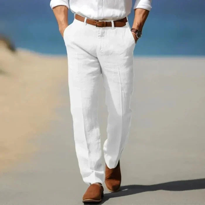 Men's Linen Trousers - Loose Fit Front Zip Closure & Belt Loops