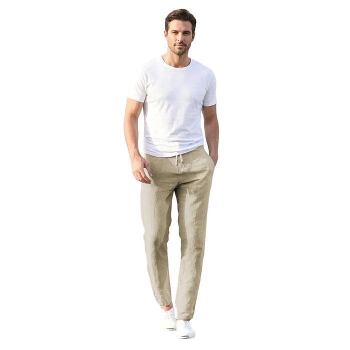 Men's Linen Trousers - Relaxed Fit Long Length Elastic Waistband