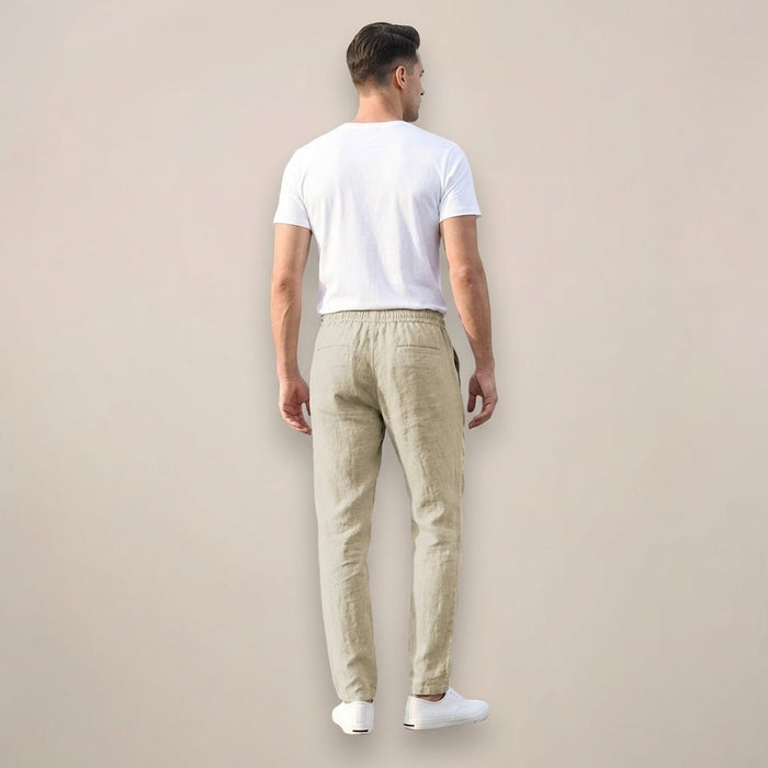 Men's Linen Trousers - Relaxed Fit Long Length Elastic Waistband