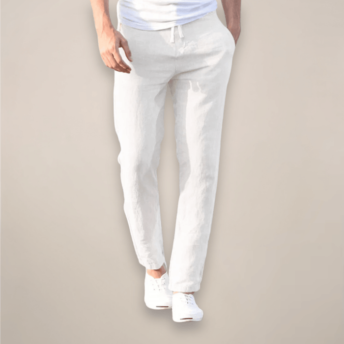 Men's Linen Trousers - Relaxed Fit Long Length Elastic Waistband