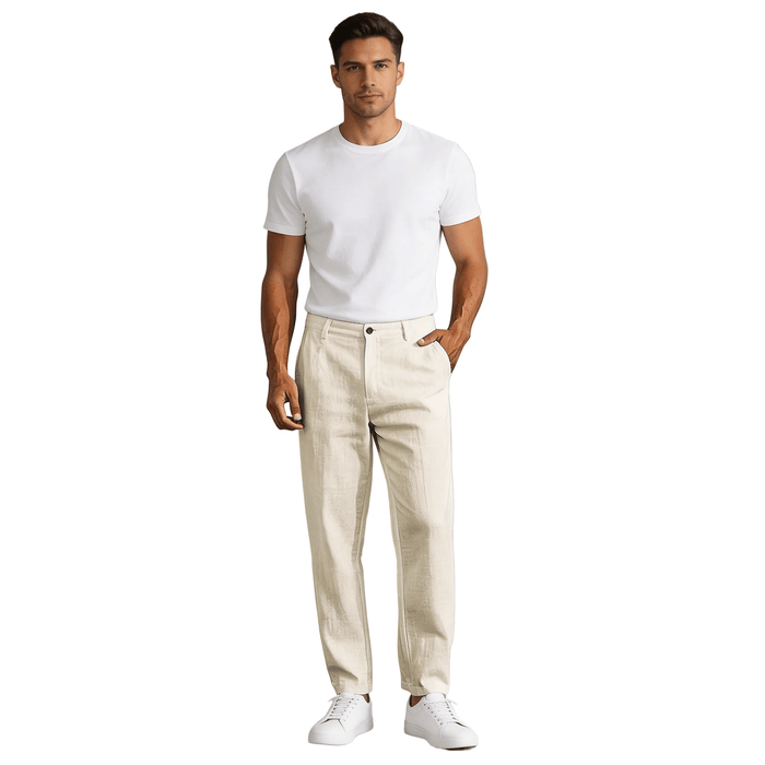 Men's Linen Trousers - Relaxed Fit Straight Leg Button & Zip Closure
