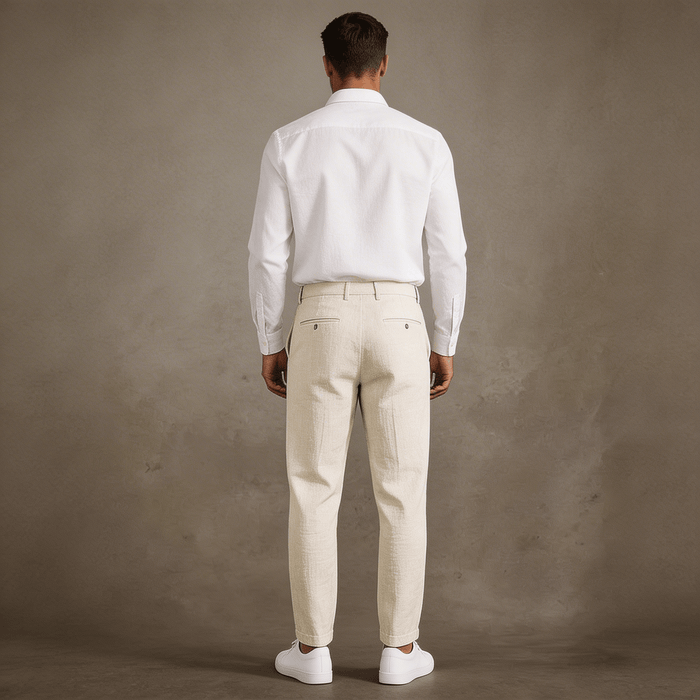 Men's Linen Trousers - Relaxed Fit Straight Leg Button & Zip Closure