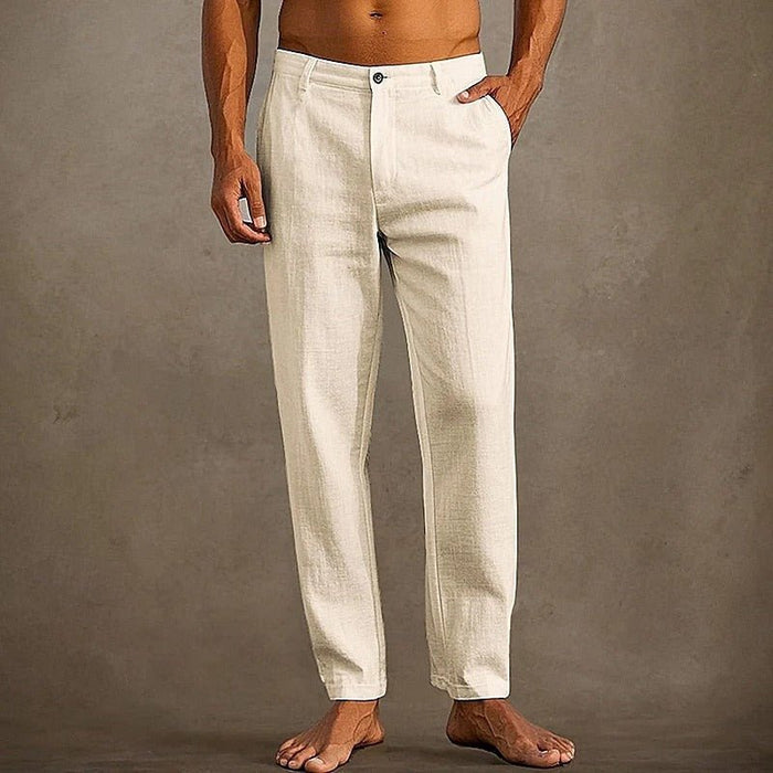 Men's Linen Trousers - Relaxed Fit Straight Leg Button & Zip Closure