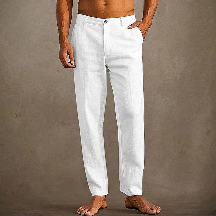 Men's Linen Trousers - Relaxed Fit Straight Leg Button & Zip Closure