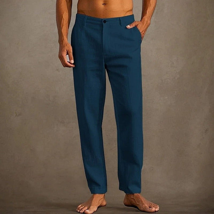 Men's Linen Trousers - Relaxed Fit Straight Leg Button & Zip Closure