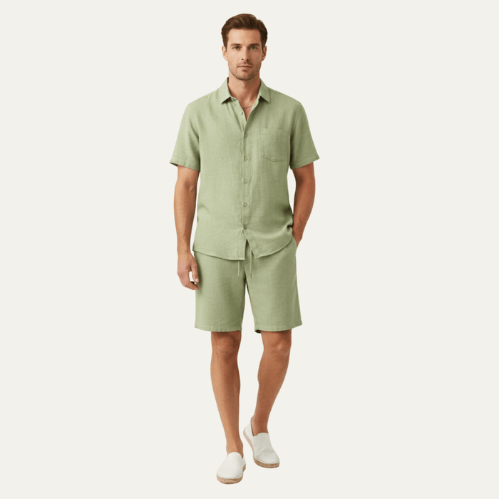 Men's Linen Two-Piece Set - Relaxed Fit Short Sleeve Button Shirt & Shorts