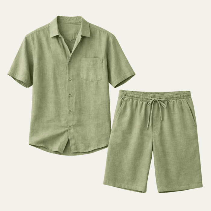 Men's Linen Two-Piece Set - Relaxed Fit Short Sleeve Button Shirt & Shorts
