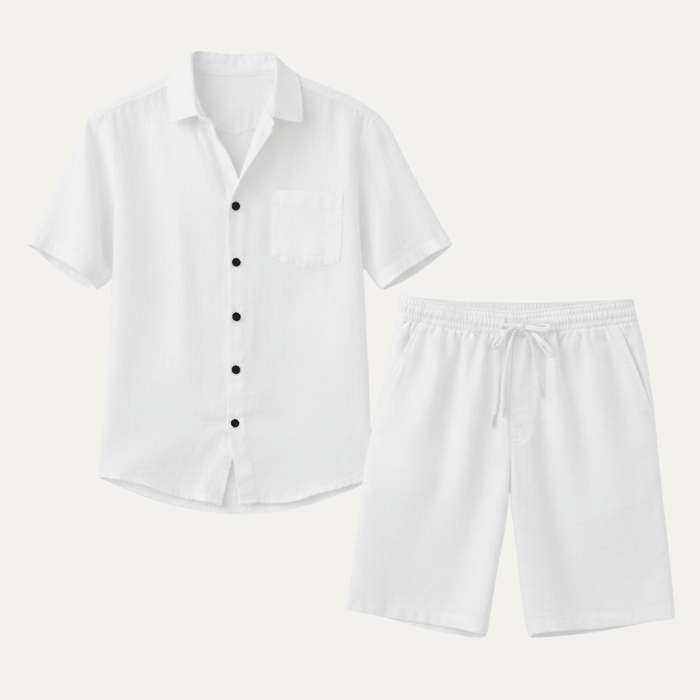 Men's Linen Two-Piece Set - Relaxed Fit Short Sleeve Button Shirt & Shorts