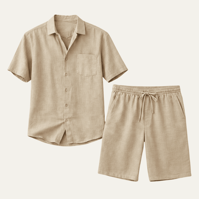 Men's Linen Two-Piece Set - Relaxed Fit Short Sleeve Button Shirt & Shorts