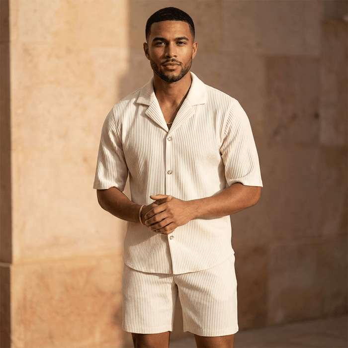 Men's Linen Two-Piece Set - Relaxed Fit Short Sleeve Open Collar & Trousers