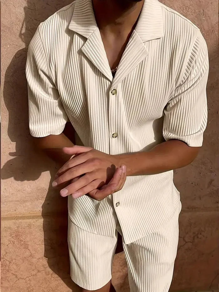 Men's Linen Two-Piece Set - Relaxed Fit Short Sleeve Open Collar & Trousers