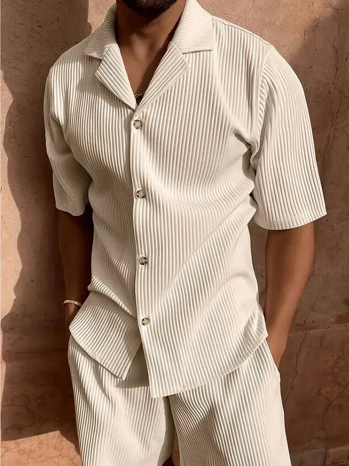 Men's Linen Two-Piece Set - Relaxed Fit Short Sleeve Open Collar & Trousers