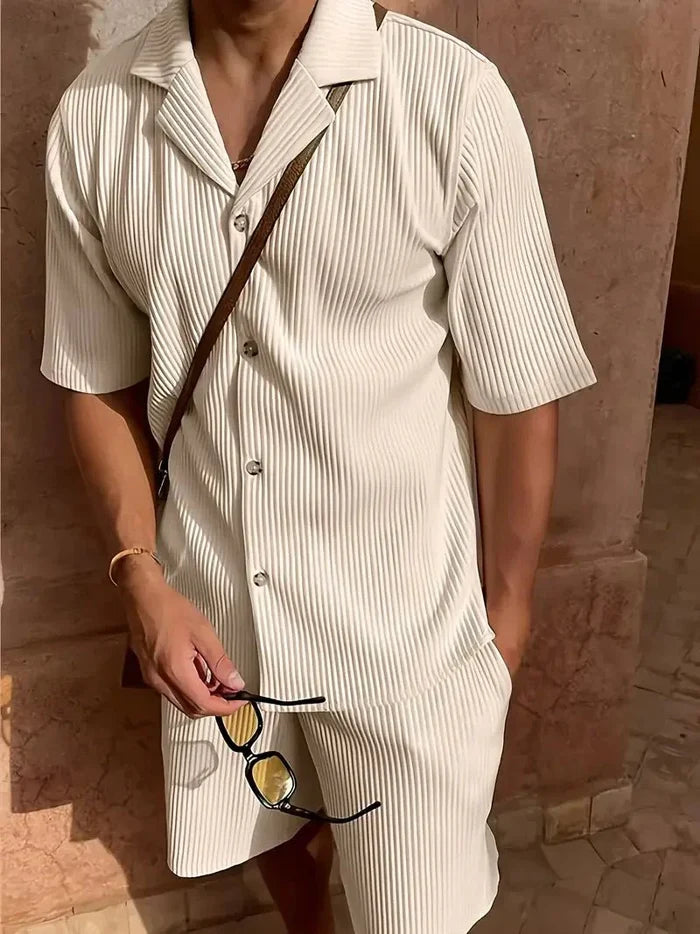 Men's Linen Two-Piece Set - Relaxed Fit Short Sleeve Open Collar & Trousers