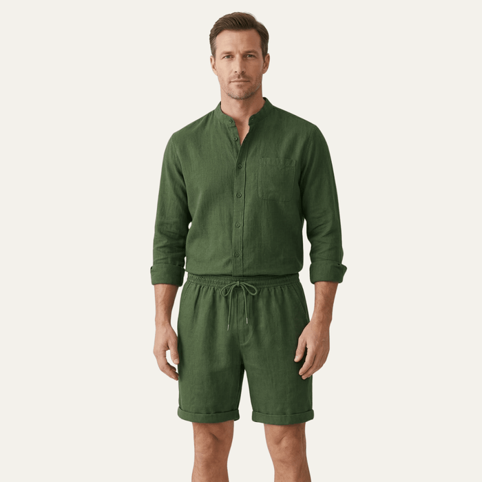 Men's Linen Two-Piece Set - Relaxed Fit Short Sleeve Shirt & Shorts