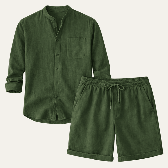 Men's Linen Two-Piece Set - Relaxed Fit Short Sleeve Shirt & Shorts