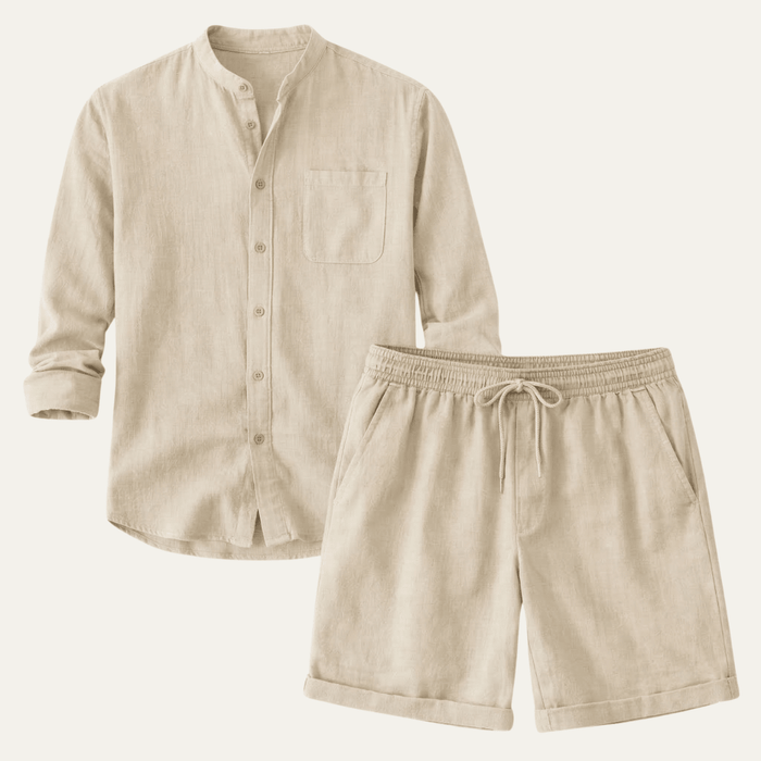 Men's Linen Two-Piece Set - Relaxed Fit Short Sleeve Shirt & Shorts