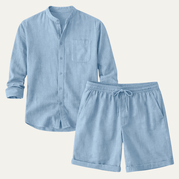 Men's Linen Two-Piece Set - Relaxed Fit Short Sleeve Shirt & Shorts