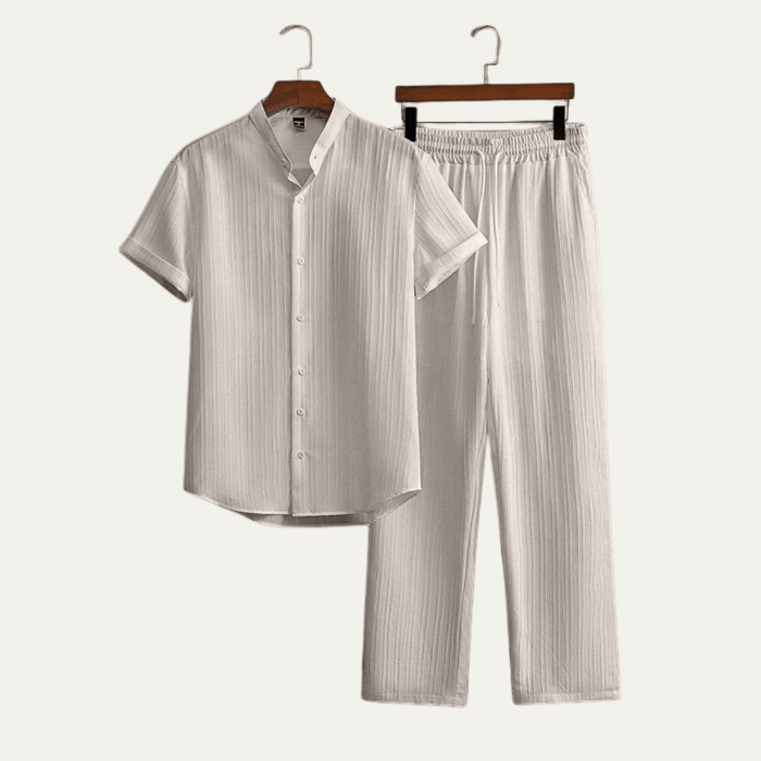 Men's Linen Two-Piece Set — Short Sleeve Top & Drawstring Trousers