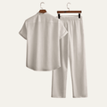 Men's Linen Two-Piece Set — Short Sleeve Top & Drawstring Trousers