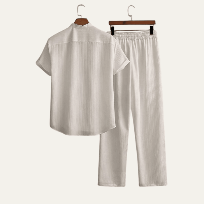 Men's Linen Two-Piece Set — Short Sleeve Top & Drawstring Trousers