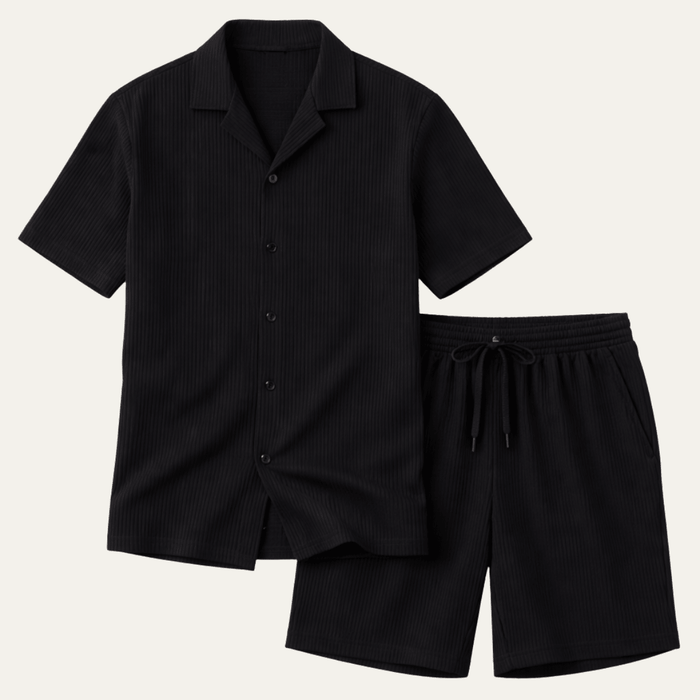 Men's Lounge Set — Ribbed Short Sleeve Top & Drawstring Shorts