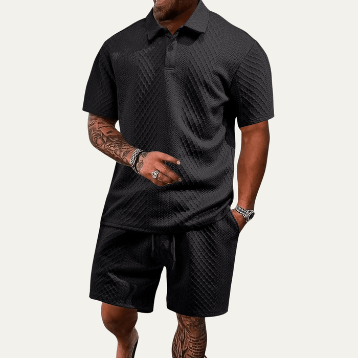 Men's Polo Set — Jacquard Short Sleeve Drawstring Shorts Design