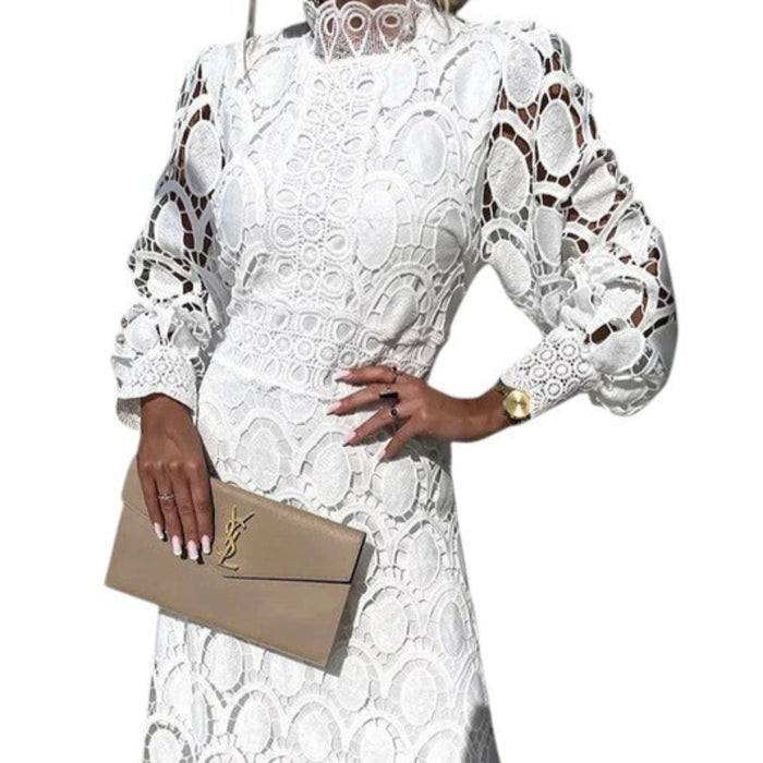 Midi Dress Women Lace High Neck Puff Sleeves Elegant Occasions