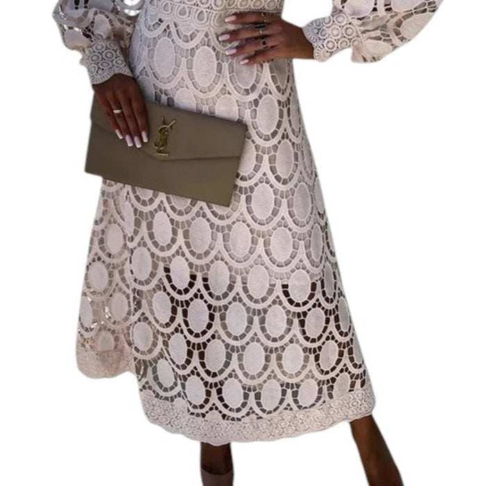 Midi Dress Women Lace High Neck Puff Sleeves Elegant Occasions