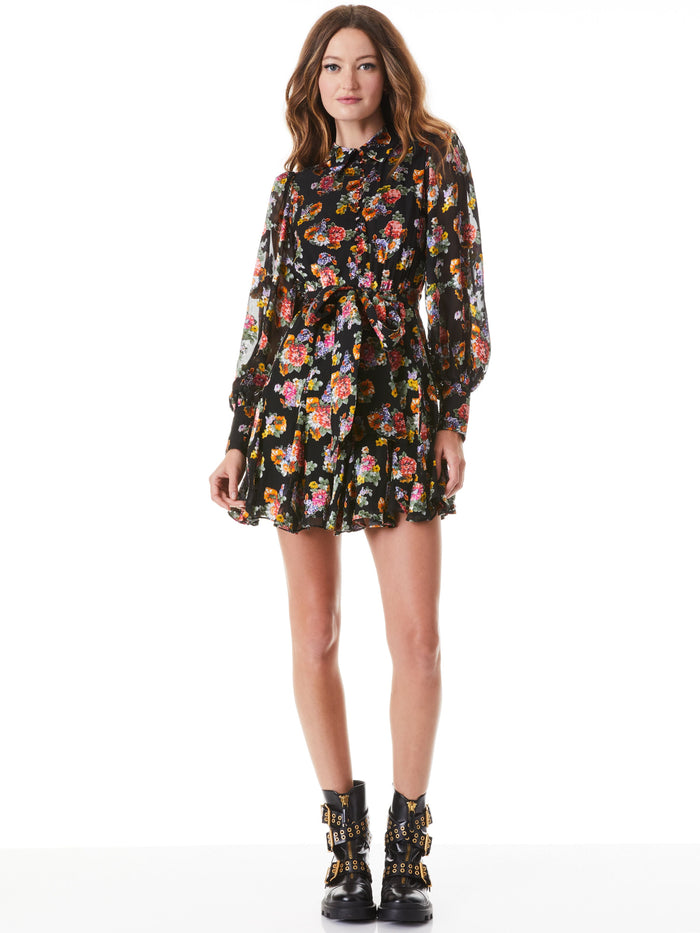 MINA BUTTON FRONT BELTED DRESS - MAGNOLIA FLORAL BLACK/BLACK