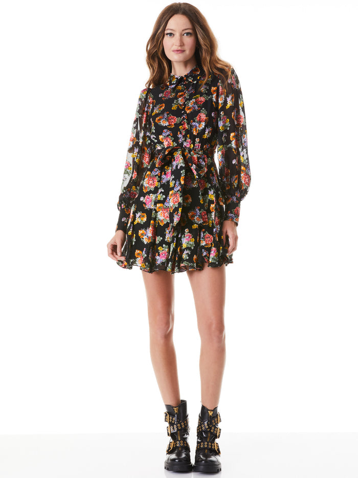 MINA BUTTON FRONT BELTED DRESS - MAGNOLIA FLORAL BLACK/BLACK