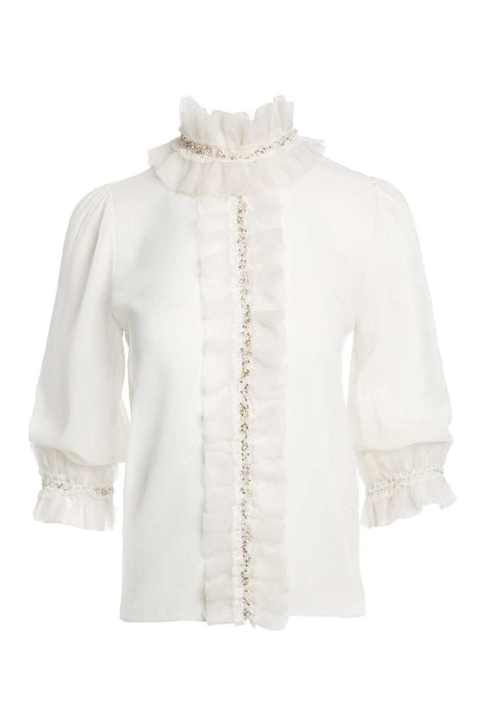 MIRA EMBELL BOXY RUFFLE BLOUSE - OFF WHITE