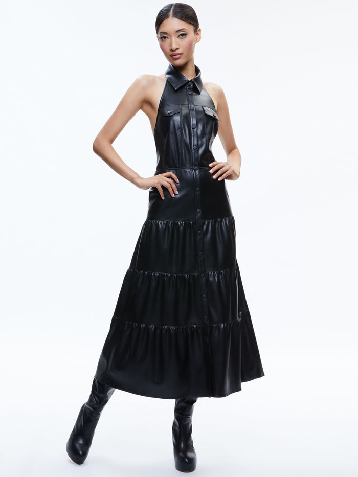 MIRANDA VEGAN HALTER NECK TIERED MIDI DRESS - BLACK