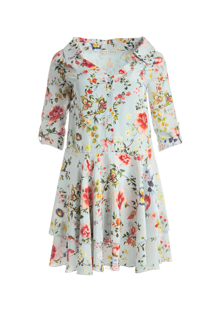 MOORE BTN UP LAYERED TUNIC DRS - FLORAL SOIREE-DUSTY AQUA